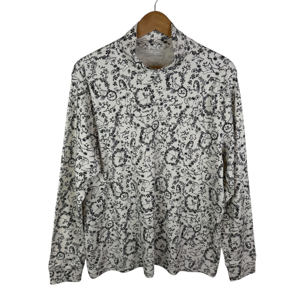 Lands End‎ Woodland Animal Floral Print Top XL Relaxed Stretch Nature Forest Art